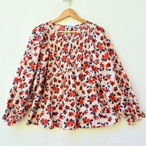 Elizabeth and James Top Women Medium Cottagecore Red Floral Long Sleeve Pintuck